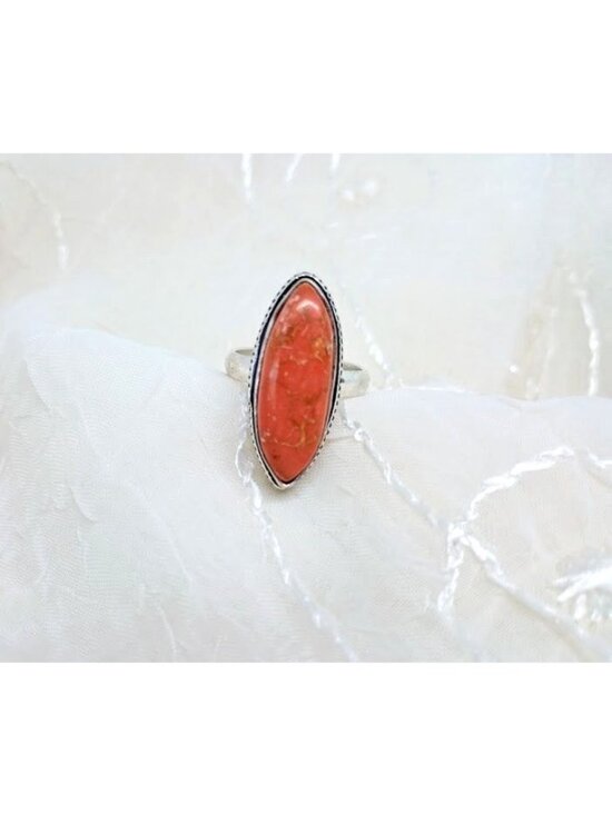 925 Sterling Jewelry - Sterling Silver Ring With Natural Orange/Red Coral Gemstone Size 7 Boho Jewelry